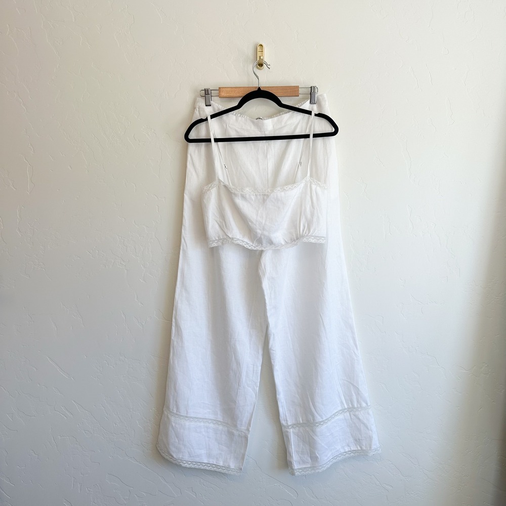 Reformation | Violet 100% Linen Crop Top & Wide Leg Pant Two Piece Set White - Picture 4 of 10